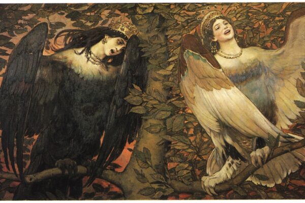 Sirin (po lewej) i Alkonost (po prawej). Ptaki radości i smutku, mal. Wiktor Wasniecow, 1896