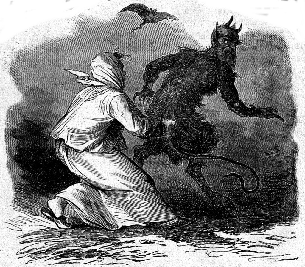 Fragment ilustracji baśni Anczutka Bezpięty (1871). Przedstawia Anczutkę i Krasulę