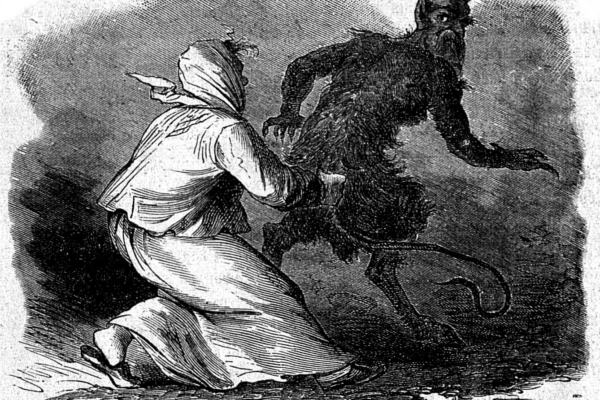 Fragment ilustracji baśni Anczutka Bezpięty (1871). Przedstawia Anczutkę i Krasulę