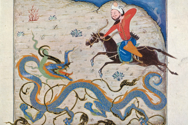 Ilustracja przedstawiająca króla Sasanidów Bahrama V walczącego z Azhdahą w Szahname